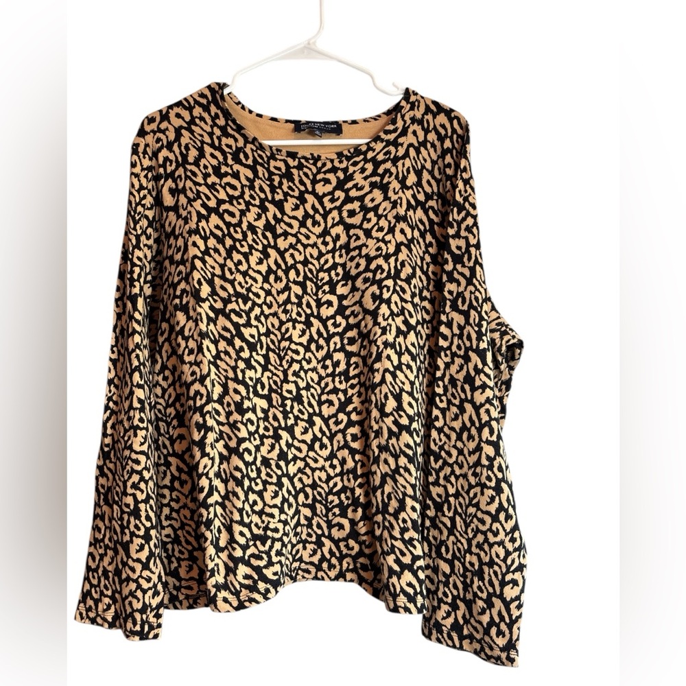Jones New York Signature Leopard Print Long Sleeve Cotton Shirt 2X Black & Tan